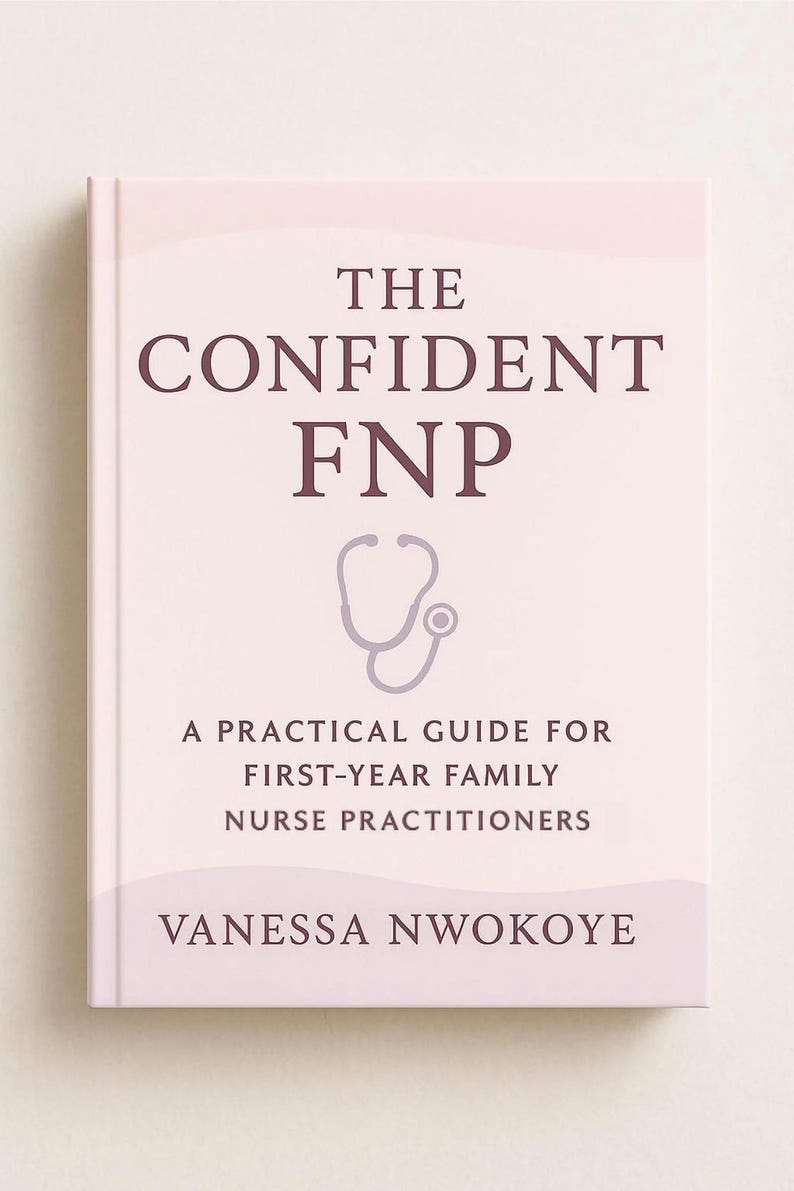May include: A book titled "The Confident FNP" with a light purple cover. The cover features the title in dark purple, a stethoscope graphic, and the subtitle "A Practical Guide for First-Year Family Nurse Practitioners." The author's name, Vanessa Nwokoye, is also displayed.