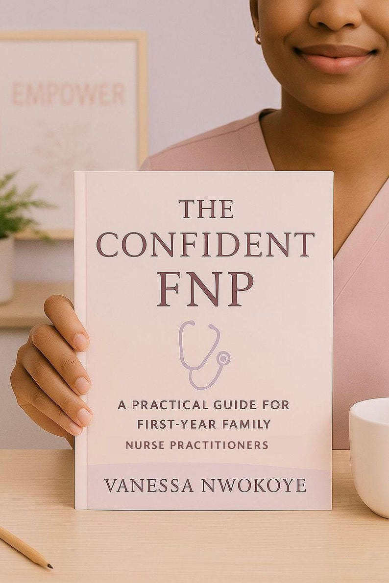 May include: A book titled "The Confident FNP" with a stethoscope graphic. The book is a practical guide for first-year family nurse practitioners, authored by Vanessa Nwokoye. The word "EMPOWER" is visible in the background.