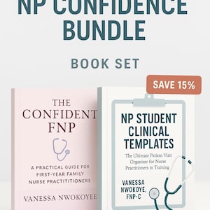 Op de afbeelding: Een boekenreeks getiteld "NP Confidence Bundle" met twee boeken. Eén boek is lichtroze met de titel "The Confident FNP" en de andere is wit met de titel "NP Student Clinical Templates". Een "Save 15%" sticker staat rechtsboven.