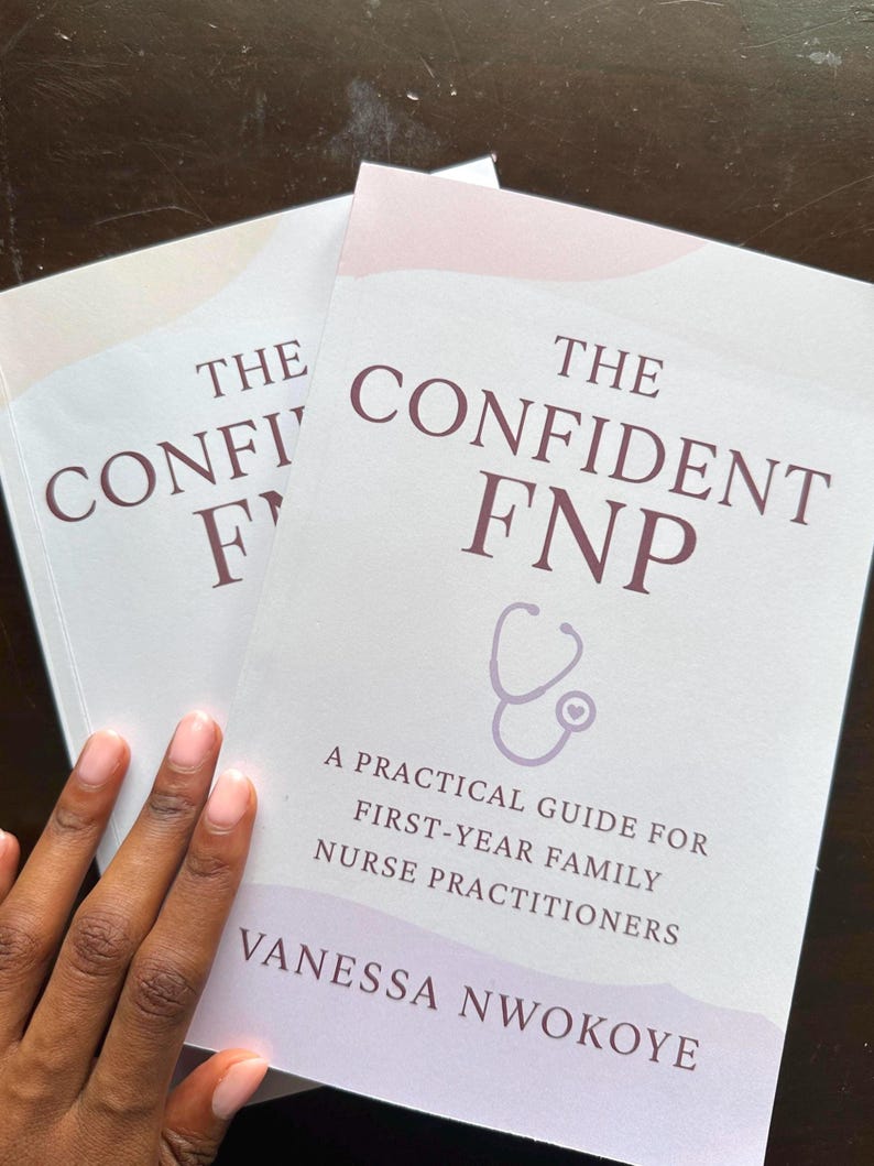 May include: Two copies of "The Confident FNP" book are displayed, featuring a white cover with purple and pink accents. The title is in a dark purple font, with a stethoscope graphic. The book is a practical guide for first-year family nurse practitioners.