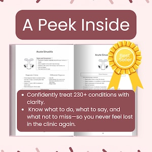 May include: An open book with the title "Acute Sinusitis" is displayed, with a "Best Seller" ribbon. The text reads "Confidently treat 230+ conditions with clarity" and "Know what to do, what to say, and what not to miss."