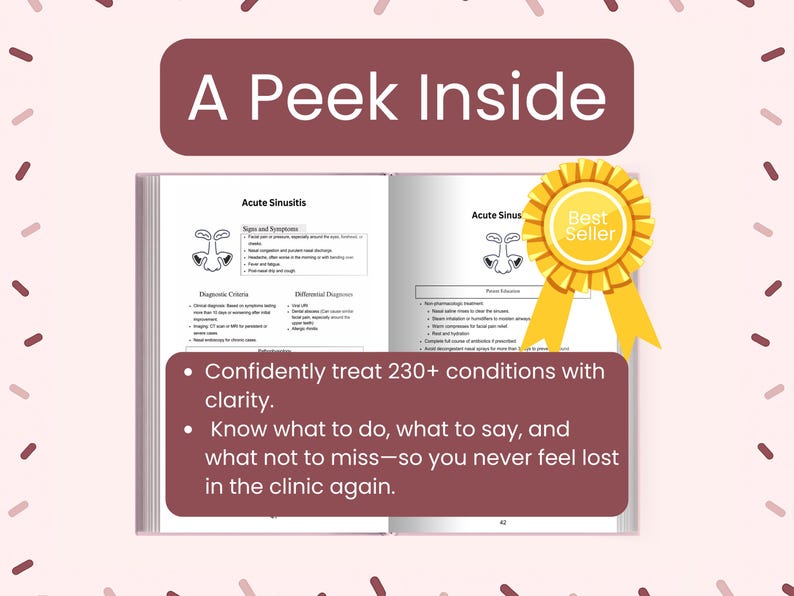 May include: An open book with the title "Acute Sinusitis" is displayed, with a "Best Seller" ribbon. The text reads "Confidently treat 230+ conditions with clarity" and "Know what to do, what to say, and what not to miss."