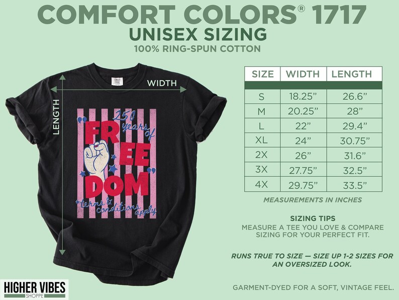 May include: Black unisex t-shirt with a graphic design that reads "250 Years of Freedom" in red and white, with a raised fist graphic. The shirt includes a size chart with measurements in inches. Made of 100% ring-spun cotton.