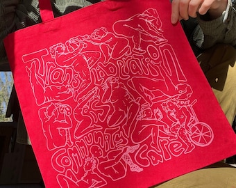 Pink on Red Trans Liberation is Community Care Tote / Trans Healthcare / Queer Liberation Bag / Transgender Mutual Aid / Pride