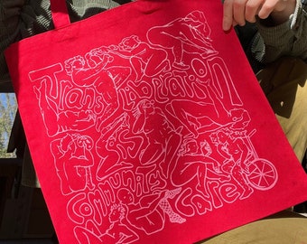 Pink on Red Trans Liberation is Community Care Tote / Trans Healthcare / Queer Liberation Bag / Transgender Mutual Aid / Pride