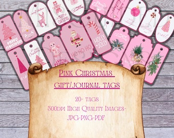 Printable pink Christmas gift tags, junk journal tags, Christmas gift tag, Christmas tags, printable tags ,holiday tag ,gift wrapping, tags