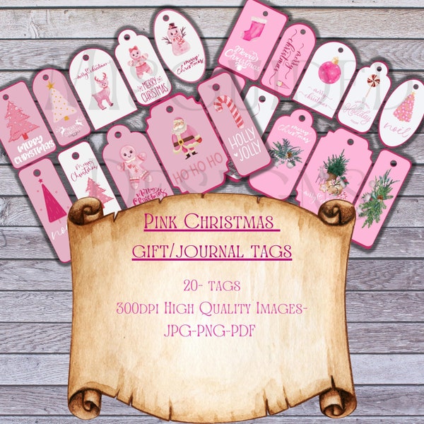 Étiquettes de cadeaux de Noël roses imprimables, étiquettes de journal indésirable, étiquettes de cadeau de Noël, étiquettes de Noël, étiquettes imprimables, étiquette de vacances, emballage cadeau, étiquettes