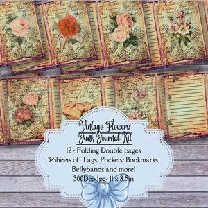 Vintage Floral Junk Journal Kit, Journal Tags, Embellishments, Digital Download, Printable, Journal