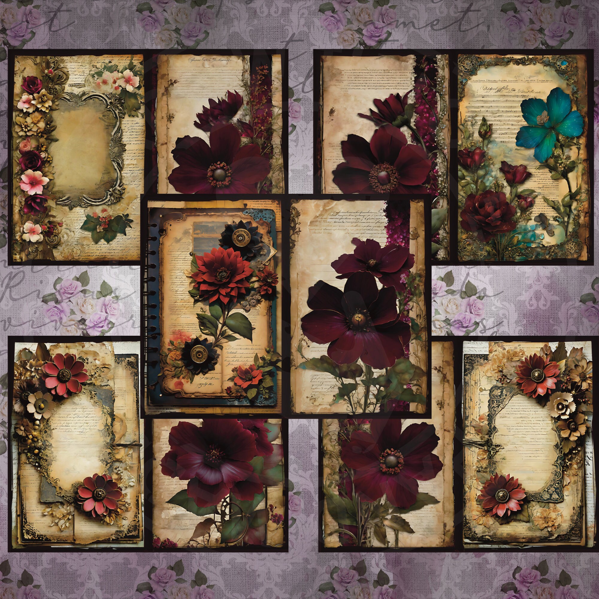 Printable Vintage Junk Journal Kit: Burgundy Floral Ephemera (digital ...