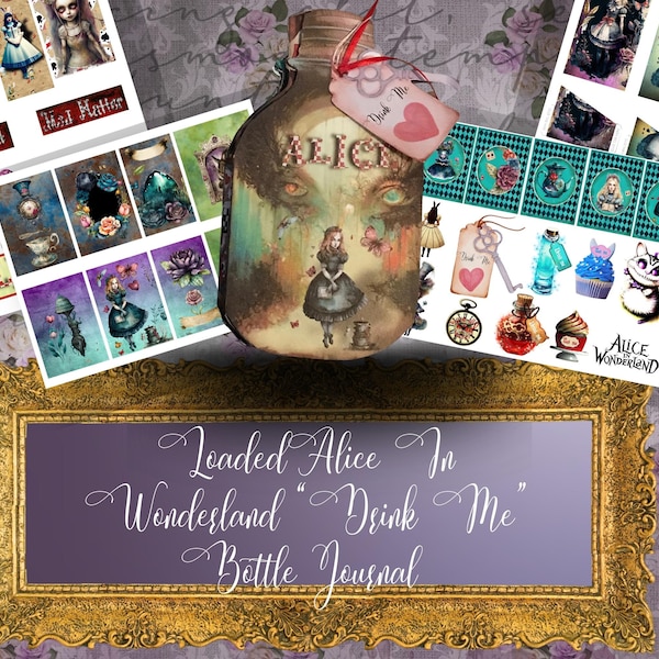 Alice au pays des merveilles Folio Kit - Kit de journal indésirable imprimable avec Drink Me Bottle & Wonderland Theme