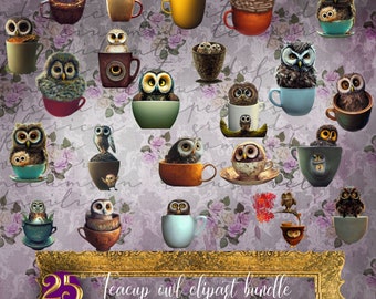 owl clipart, Commercial use, digital download, owl teacup, owl png file, cute owl png, Misguided designs shop, Transparent background
