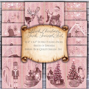 Christmas junk journal, Pink Christmas, Christmas ephemera, junk journal pages, junk journal kit, Digital journal kits, DIY journal, digital