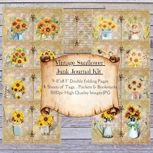 Printable Sunflower Junk Journal Kit Printable sunflower junk journal supplies Sunflower themed printable journal kit Sunflower junk journal
