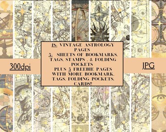 Vintage Astrology Digital Papers,Tags,Bookmarks,Cards,Stamps&Journal Pockets, Freebies