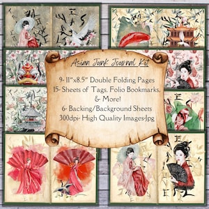 Printable Asian Junk Journal Kit, journaling supplies, homemade junk journal, junk journal signatures, junk journal tools, digital downloads