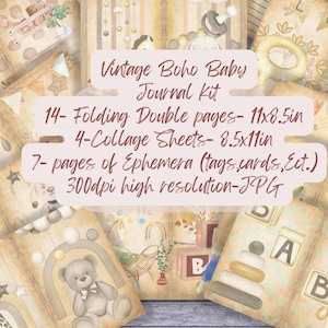 vintage Boho Baby Junk Journal Kit, Neutre, Livre bébé, Garçon, Fille, Idée cadeau, Imprimable, Téléchargement numérique, Boutique de designs mal orientés