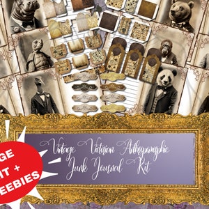 Printable Vintage Victorian Anthropomorphic Junk Journal Kit | Scrapbooking kit | Digi kit | Digital Download | Blank Lined Journal