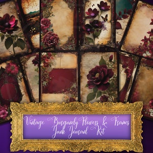 Kit de journal indésirable vintage imprimable pour les journaux indésirables | Kit numérique | Kit de bricolage | Floral bordeaux | Scrapbooking | Pages de journal floral