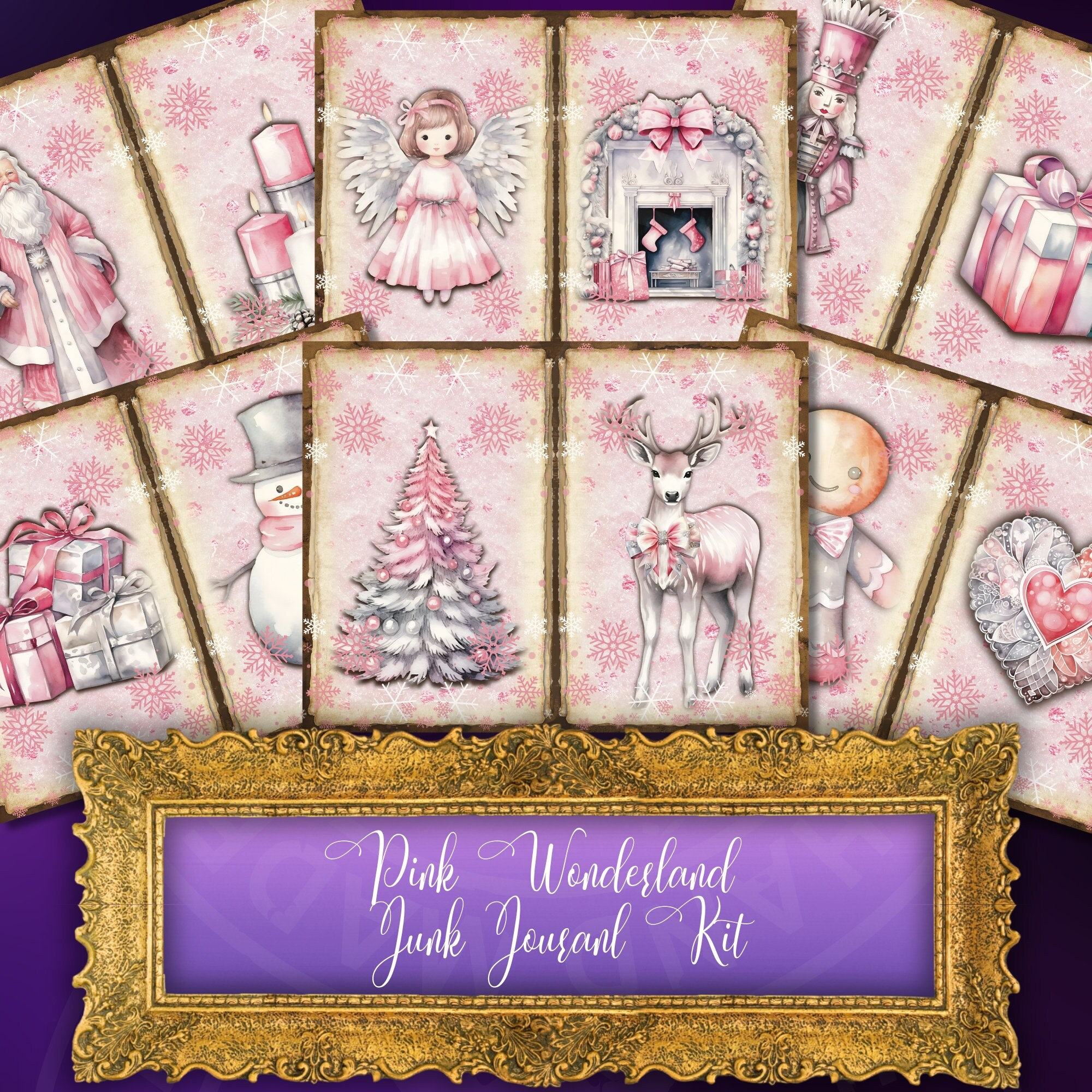 Printable Pink Christmas Junk Journal Kit, digital download,  scrapbooking kit, scrapbook supplies, journal supplies, winter junk journal