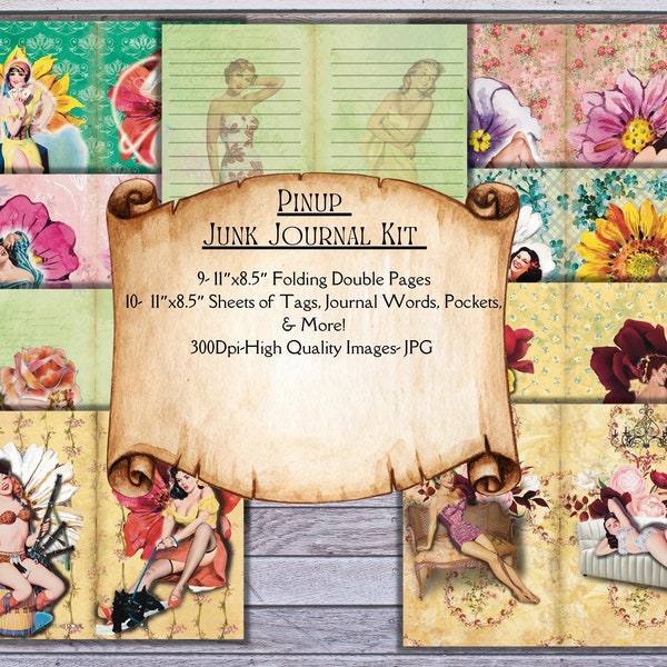 Retro Pin-Up Junk Journal Kit,  Junk Journal Ephemera, Scrapbooking Kit, ScrapbookDiy Kit, Decoupage image, pin up girl scrapbooking supply