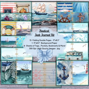 Nautical Junk Journal Kit, nautical journal, junk journal pages , junk journal kits, junk journal ephemera in kits, junk journals shop