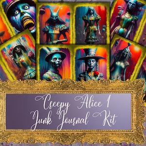 Donkere en gedraaide afdrukbare Alice Junk Journal Kit met afdrukbare Wonderland-papieren voor Creepy Junk Journal voor Alice in Wonderland