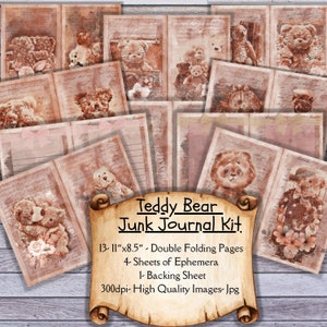 Teddy Bear Junk Journal Kit, Printable Junk Journal Kit, Scrapbooking Kit, Journal Supplies, Journal, Junk Journal Pages, craft kit