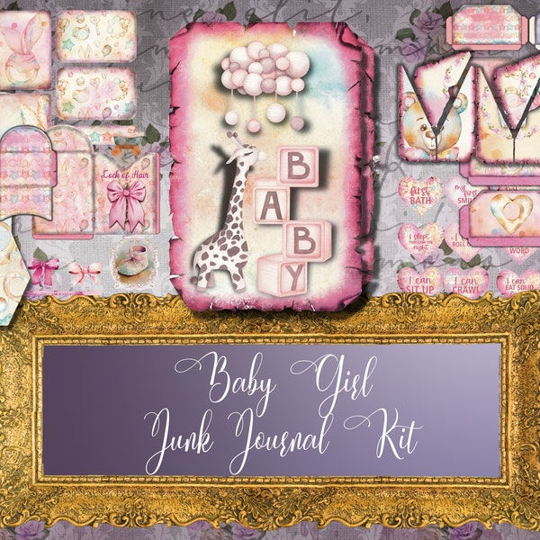 Baby Girl Junk Journal Kit - Baby Book Memory 1st Milestones Memory Keepsake