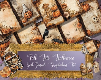 Fall Halloween Junk Journal Kit, Vintage Paper Pumpkin Collage, Autumn Printable Scrapbook Supplies