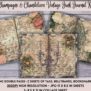 Printable Vintage Champagne & Chandeliers Junk Journal Kit, Junk Journal Ephemera, Digital Download, Journals
