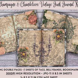 Printable Vintage Champagne & Chandeliers Junk Journal Kit, Junk Journal Ephemera, Digital Download, Journals