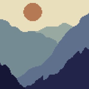 Peut inclure: Une illustration pixélisée d'une rivière sinueuse qui coule à travers une vallée entourée de montagnes bleues et violettes. Le soleil est un cercle orange vif dans le ciel.