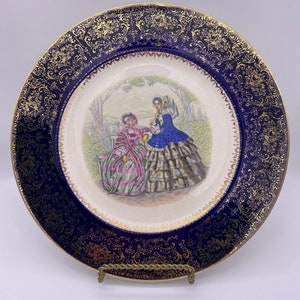 Vintage Antique Century by Salem China Company Victorian Godey Women Imperial Service Plate 23 Karat Gold Cobalt Blue, 1940s