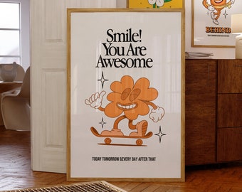 Smile You Are Awesome Retro Quote Wall Print, Quote Wall Art,Digital Print Download,Digital Download Wall Print,Printable Wall Art