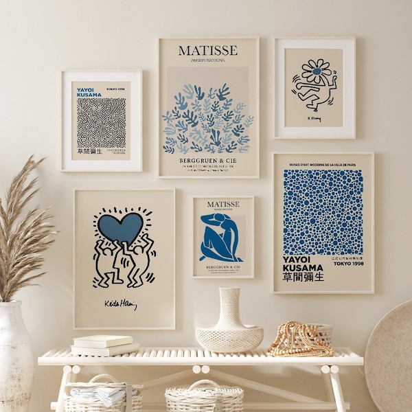 Blue Gallery Wall Set of 6, Matisse Print Set, Gallery Wall Prints, Exhibition Wall Art Set, Yayoi Kusama Print, Matisse Poster