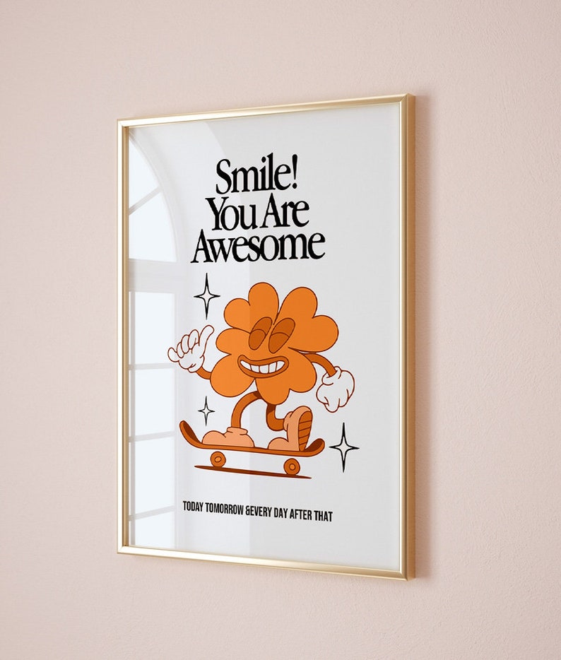 Smile You Are Awesome Retro Quote Wall Print, Quote Wall Art,Digital Print Download,Digital Download Wall Print,Printable Wall Art image 2