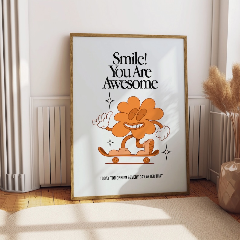 Smile You Are Awesome Retro Quote Wall Print, Quote Wall Art,Digital Print Download,Digital Download Wall Print,Printable Wall Art image 4