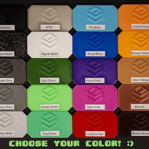 Könnte beinhalten: Eine Farbkarte mit 20 verschiedenen Farben, darunter Jet Black, GITD, Tirq Blue, Orange Orange, Space Black, Signal White, Royal Blue, Mango Yellow, Galaxy Grey, Opal Green, Pansy Purple, Warm Beige, Galaxy Silver, Simply Green, Satin Pink, Bronze, Marble White, Tirq Green, Lipstick Red und Mystic Brown. Der Text "CHOOSE YOUR COLOR!" befindet sich am unteren Rand der Karte.