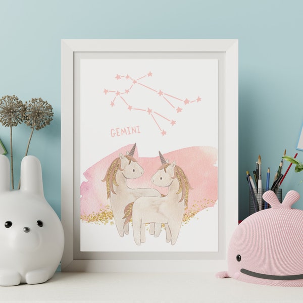 Gemini Baby Unicorn  / Wall Art/ Zodiac Sign Constellation / Baby Infant Room Decor / Nursery / Star Sign / Baby Animal Watercolor Print