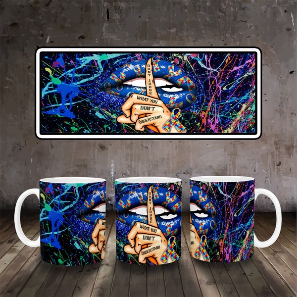 11oz & 15oz Mug Sublimation autism png.Mug PNG File Digital Download, Coffee Mug Png, Mug Template.autism lips mug full wrap