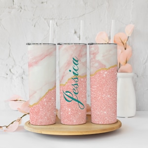 Add Your Own Text.Name Pink and Gold Marble Glitter Sublimation Tumbler Designs - 20oz Skinny Tumbler Templates - PNG