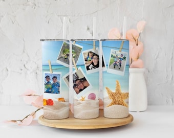 beach photo tumbler png. beach photo collage Sublimation Tumbler Designs - 20oz Skinny Tumbler Templates - PNG
