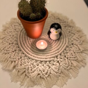 K&ouml;nnte beinhalten: Eine wei&szlig;e geh&auml;kelte Tischunterlage mit Fransenrand, ein kleiner Topf mit Kaktus, eine Keramik-Pinguinfigur und ein brennendes Teelicht.