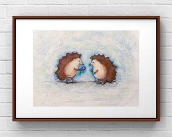Impresión giclée de erizos enamorados: arte de pared infantil caprichoso