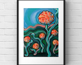 Impresión giclée de dalias danzantes: arte floral divertido
