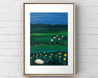 Impresión giclée de oveja con confeti amarillo: paisaje floral caprichoso