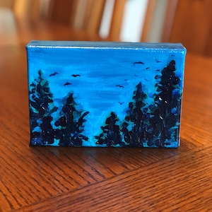 Bothell Crows Painting: Miniature Evergreen Tree Landscape Art