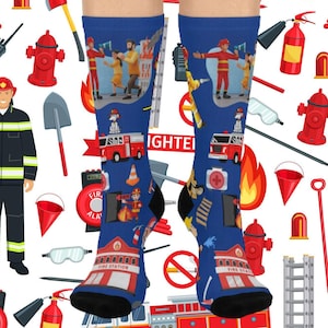 May include: A pair of blue and black socks with a firefighter theme. The socks feature a fire engine, a fire station, and firefighters. The socks are surrounded by various fire-related icons, such as fire hydrants, axes, and ladders.