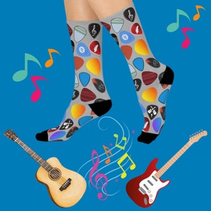 Calcetines de colección de púas de guitarra, amigo, aficionado a la guitarra, amante de la música, amigo, compañero de trabajo, calcetines acolchados de cumpleaños