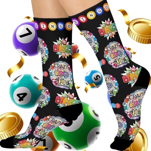Crazy Bingo Lady gepolsterte Crew Socken, lustige Socken für Bingo Liebhaber, Geschenk für Gamer, gemütliche Spielsocken, einzigartiges Geburtstagsgeschenk, Spieleabend